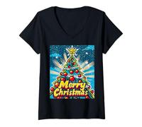 Donna Luci Albero di Natale Palle di Natale Pop Art Xmas Maglietta con Collo a V