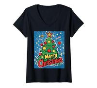Donna Luci Albero di Natale Palle di Natale Pop Art Xmas Maglietta con Collo a V
