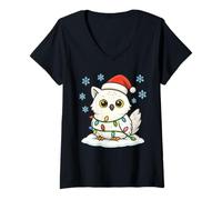 Donna Luci di Natale avvolte su Un Simpatico Gufo delle Nevi Amante degli Animali Maglietta con Collo a V