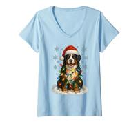 Donna Luci di Natale avvolte sul Simpatico Amante dei Cani da Montagna del Bernese Maglietta con Collo a V