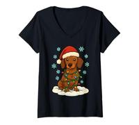 Donna Luci Natalizie avvolte su Un Simpatico Bassotto Marrone Amante dei Cani Maglietta con Collo a V