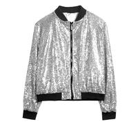 Donna Lucido Paillettes e Lustrini Bomber Giubbino Manica Lunga Zip Top Festa