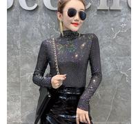 Donna Lucido Paillettes Top Finto Collo Camicia Pullover Canottiera Slim Festa