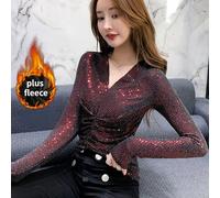 Donna Lucido Paillettes V-Nevk Camicia Increspato Maglia Al Sedere Clubwear Moda