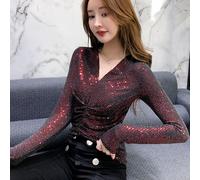 Donna Lucido Paillettes V-Nevk Camicia Increspato Maglia Al Sedere Clubwear Moda