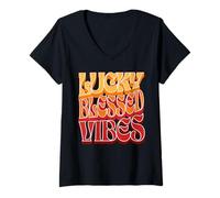 Donna Lucky Blessed Vibes Costume di Natale Maglietta con Collo a V