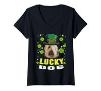 Donna Lucky Dog Briard Leprechaun Funny St Patricks Day Maglietta con Collo a V