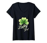 Donna Lucky Girl Green Shamrock Tre Foglie Design del Trifoglio Maglietta con Collo a V