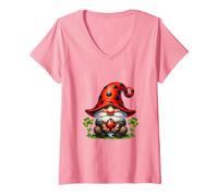 Donna Lucky GNOME Graphic for Girls And Women Pink Ladybug Maglietta con Collo a V