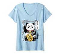 Donna Lucky Maneki Neko Panda Divertente Anime Giapponese Stile Manga Maglietta con Collo a V