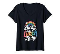 Donna Lucky to be a Lunch Lady, Motivo Arcobaleno Maglietta con Collo a V