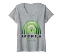 Donna Lucky To Be A Teacher St Patricks Day Shamrock Rainbow Maglietta con Collo a V