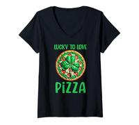 Donna Lucky To Love Pizza St Patricks Day Irlandese Maglietta con Collo a V