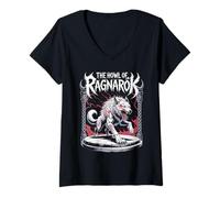 Donna L'ululato di Ragnarok Wolf Viking Norse Warrior Myth Saga Maglietta con Collo a V