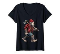 Donna Lumberjack Bigfoot Che Cammina con Ascia in Abito Scozzese Maglietta con Collo a V