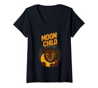 Donna Luna Bambino Divertente Pixel Art Lupo Mannaro & Luna Halloween Maglietta con Collo a V