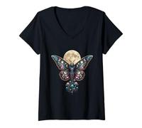 Donna Luna Moth Cottagecore Vintage Grunge Floral Therian Maglietta con Collo a V