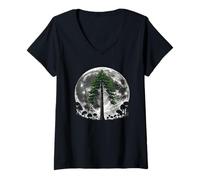 Donna Luna Piena & Redwood Tree Vintage Outdoor Natura fauna selvatica Maglietta con Collo a V