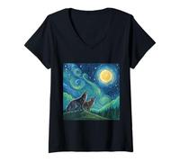 Donna Lupi che ululano alla luna nel cielo notturno stellato Art Style Meme Maglietta con Collo a V
