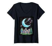 Donna Lupi Chiamata Cosmica Notte Notte Ululato Foresta Lunare Maglietta con Collo a V