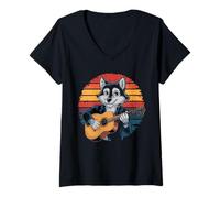 Donna Lupo Che Suona la Chitarra Vintage Chitarra retrò Rock Chitarrista Maglietta con Collo a V