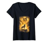 Donna Lupo Che Ulula alla Luna, Meme | Wolf Graphic Maglietta con Collo a V