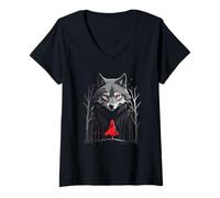 Donna Lupo con Cappuccetto Rosso Lupo Amante Canino Art Wolf Lover Maglietta con Collo a V