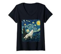 Donna Lupo Dire Howling Moon Notte stellata Van Gogh divertente Maglietta con Collo a V