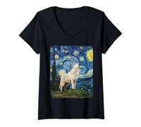 Donna Lupo Dire Howling Moon Notte stellata Van Gogh divertente Maglietta con Collo a V