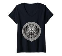 Donna Lupo Fenrir con i Corvi di Odino Huginn e Muninn Intreccio Maglietta con Collo a V