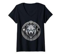 Donna Lupo Fenrir con Sole Luna e Yggdrasil Emblema a Intreccio Maglietta con Collo a V
