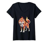 Donna Lupo Fiamme Lupo Infuocato Maglietta con Collo a V