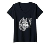 Donna Lupo Fumare, Divertente Boss Edgy Ironico Ribelle Nero Grafica Maglietta con Collo a V