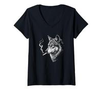 Donna Lupo Fumare, Divertente Boss Edgy Ironico Ribelle Nero Grafica Maglietta con Collo a V