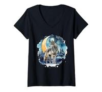 Donna Lupo Montagna Luna Acquerello Wilderness Wildlife Art Maglietta con Collo a V