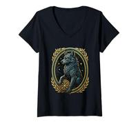Donna Lupo Norreno con Helm of Awe Aegishjalmur Rune Vichingo Maglietta con Collo a V