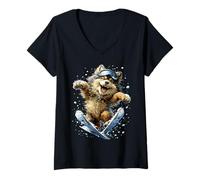 Donna Lupo Sci con Neve e Fiocchi di Neve Inverno Animale nevoso Maglietta con Collo a V