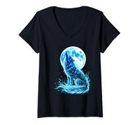 Donna Lupo Ululante alla Luna Piena Magico Maglietta con Collo a V