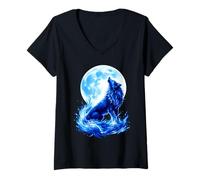 Donna Lupo Ululato Notte Magica Luna Piena Maglietta con Collo a V
