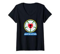 Donna Luterrose Cuore Croce Simbolo Stemma protestante Martin Lutero Maglietta con Collo a V