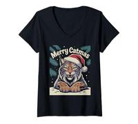 Donna Lynx Natale Merry Catmas Maglietta con Collo a V