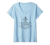 Donna Lyon Rhône Francia Ornate Fleur-De-Lis Stampa Nera Maglietta con Collo a V
