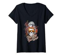 Donna Ma sei morto? Skull Messy Bun Halloween Maglietta con Collo a V