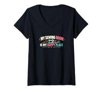 Donna Macchina da Cucire Divertente My Sewing Room Is My Happy Place Maglietta con Collo a V