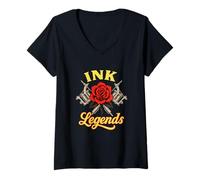 Donna Macchinetta per Tatuaggi Vintage Ink Legends Tattoo e Rosa Maglietta con Collo a V
