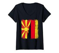 Donna Macedonia del Nord Germania Mezza Bandiera Macedone del Nord Tedesco Maglietta con Collo a V