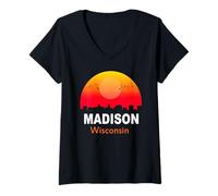 Donna Madison Wisconsin Vintage Sunset Retro City State USA Maglietta con Collo a V