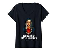 Donna Madonna Sette Dolori Cuore Immacolato Latino Design Maglietta con Collo a V