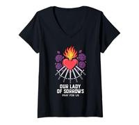 Donna Madonna Sette Dolori Cuore Immacolato Latino Design Maglietta con Collo a V