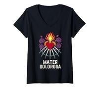 Donna Madonna Sette Dolori Cuore Immacolato Latino Design Maglietta con Collo a V